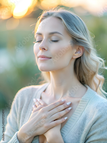 A woman in her early 30s, exhaling deeply with her hand placed over her heart, her eyes closed in overwhelming relief