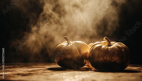 Halloween pumpkin lantern lamp Jack-o'-lantern on a wooden table, dark background with mystic fog, steam, mist