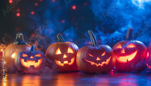 Halloween pumpkin lantern lamp Jack-o'-lantern on a wooden table, dark background with mystic fog, steam, mist