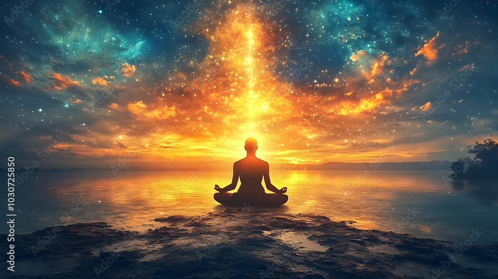 A meditative figure against a cosmic sunset over water. A meditative figure against a cosmic sunset over water.