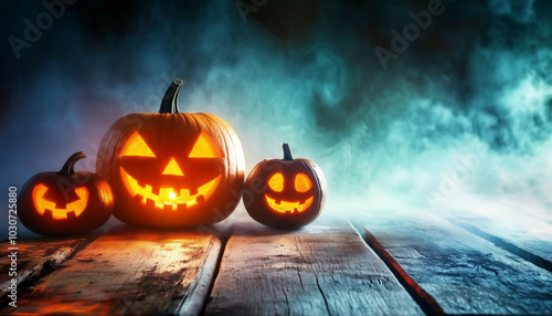 Halloween pumpkin lantern lamp Jack-o'-lantern on a wooden table, dark background with mystic fog, steam, mist