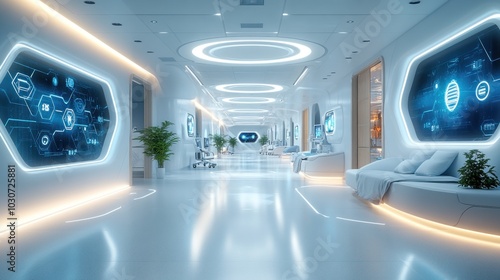 Modern hallway with digital displays and sleek design.