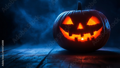 Halloween pumpkin lantern lamp Jack-o'-lantern on a wooden table, dark background with mystic fog, steam, mist