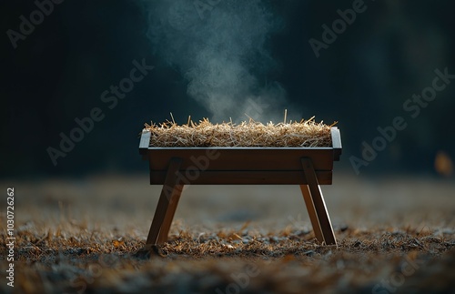 The manger, brimming with hay, releases a wisp of smoke, set against a dark wooden backdrop. Soft lighting enhances the cozy, tranquil ambiance evoked by the scene.