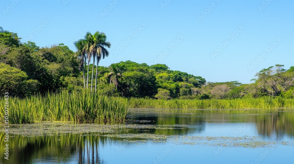 Brazilian Pantanal wetlands with lush greenery and a clear sky for text Brazilian Pantanal wetlands with lush greenery and a clear sky for text