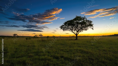 Brazilian Cerrado savanna at sunset, with vast plains and space for copy in the sky