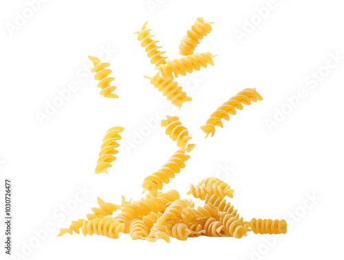 Flying falling fusilli pasta isolated on transparent or white background png photo