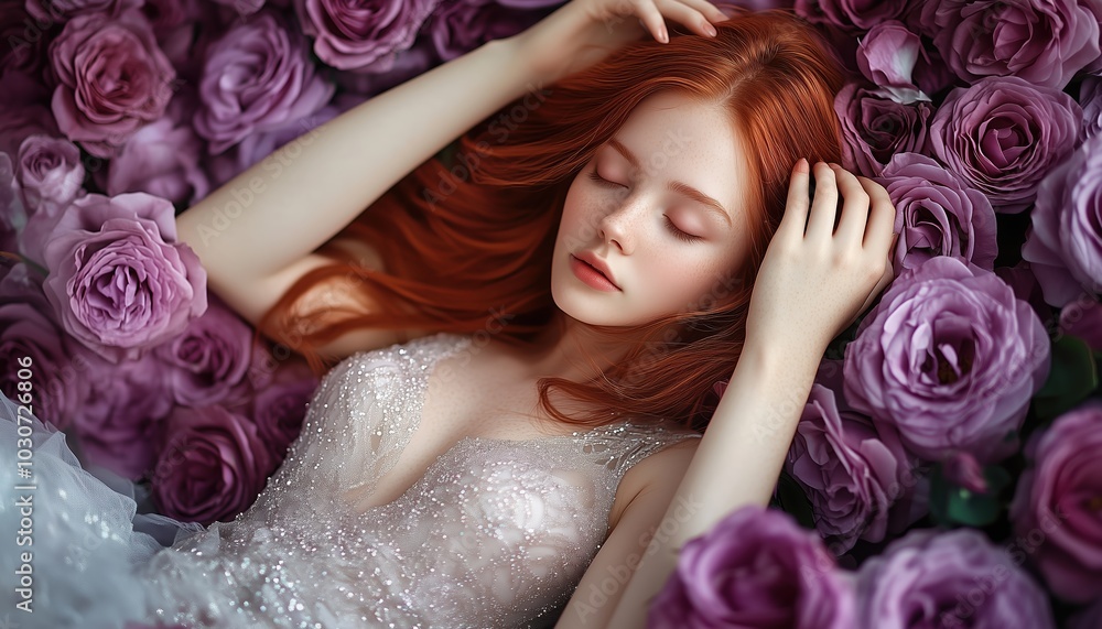 A captivating portrait of a beautiful redhead girl surrounded by lush roses, capturing a serene moment in a dreamy floral setting, exuding elegance and tranquility. A captivating portrait of a beautiful redhead girl surrounded by lush roses, capturing a serene moment in a dreamy floral setting, exuding elegance and tranquility.