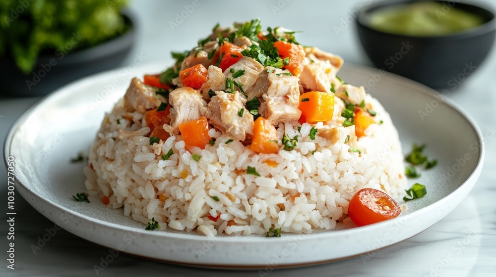 A plate of white rice topped with chicken, carrots, and parsley. A small dish of guacamole is in the background. A plate of white rice topped with chicken, carrots, and parsley. A small dish of guacamole is in the background.