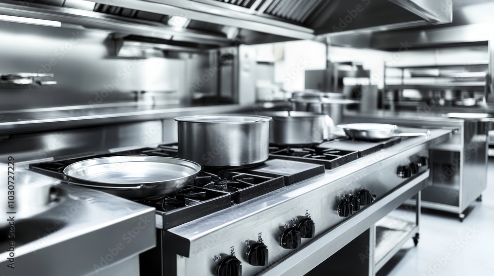 Professional Stainless Steel Kitchen Equipped with Stoves and Hood in a Modern Restaurant Professional Stainless Steel Kitchen Equipped with Stoves and Hood in a Modern Restaurant