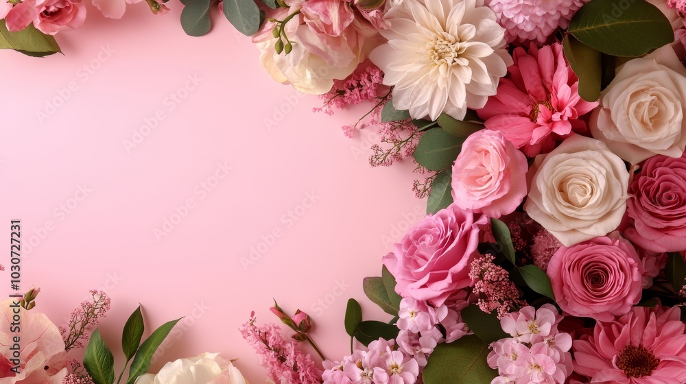 Floral frame of pink roses, chrysanthemums, and dahlias on pink background. Flat lay, copy space. Floral frame of pink roses, chrysanthemums, and dahlias on pink background. Flat lay, copy space.