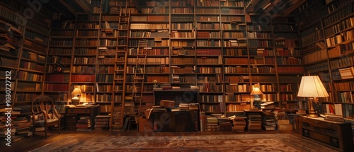 Wallpaper Mural A warm and cozy room featuring a vast bookcase wall filled with books, illuminated by soft lighting, creating an inviting atmosphere perfect for reading or studying. Torontodigital.ca