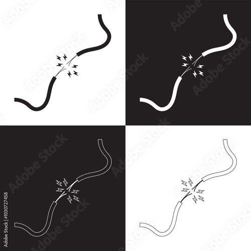 Cable wire line break icon simple graphic , cord rope stroke broken black white, electric circuit thread rupture snap, torn string image . Vector illustration isolated on white and black background. 