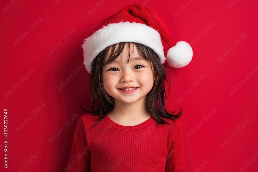 A cheerful child wearing a Santa hat smiles brightly against a vibrant red background, encapsulating the joy and warmth of the holiday season. Perfect for festive themes. A cheerful child wearing a Santa hat smiles brightly against a vibrant red background, encapsulating the joy and warmth of the holiday season. Perfect for festive themes.