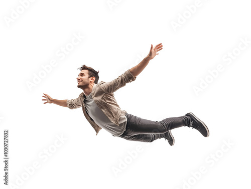 Man floating in mid-air isolated on transparent or white background, png