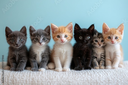 Five adorable kittens sitting in a row on a pastel background photo