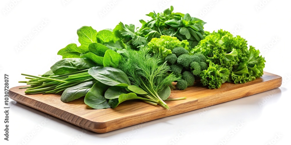 Fresh greens on a cutting board isolated on white background Fresh greens on a cutting board isolated on white background