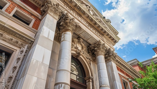 Captivating view of a historic museum exterior showcasing intricate architectural details, majestic columns, and a bright sky, ideal for cultural tourism.