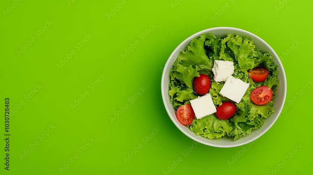 Fresh salad with lettuce, cherry tomatoes, and feta cheese in a white bowl on a green background. Fresh salad with lettuce, cherry tomatoes, and feta cheese in a white bowl on a green background.