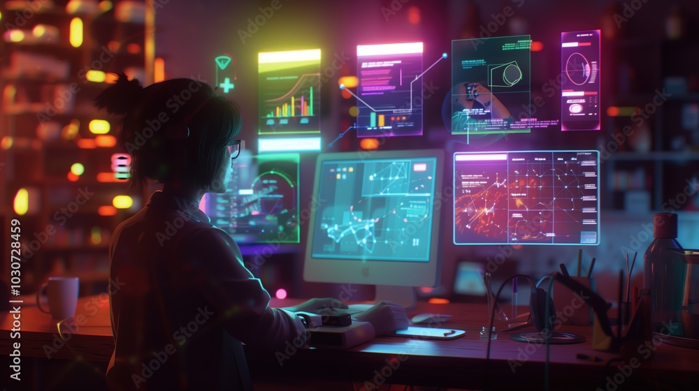 A modern workspace showcasing a user engaged with high-fidelity data visualizations on multiple screens, representing technology, innovation, and productivity. A modern workspace showcasing a user engaged with high-fidelity data visualizations on multiple screens, representing technology, innovation, and productivity.