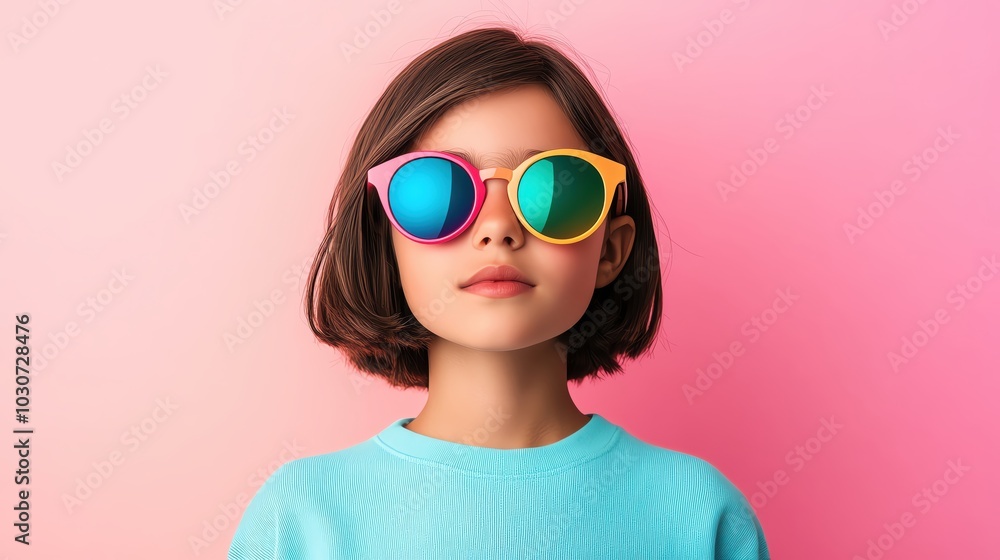 A young girl with stylish sunglasses, posing confidently against a vibrant pink background. A young girl with stylish sunglasses, posing confidently against a vibrant pink background.