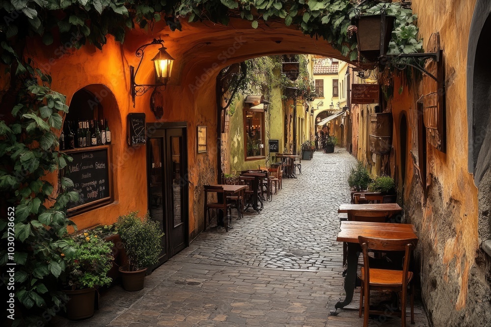 Fototapeta premium Cobblestone street leading through archway with restaurants offering outdoor seating