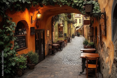 Cobblestone street leading through archway with restaurants offering outdoor seating