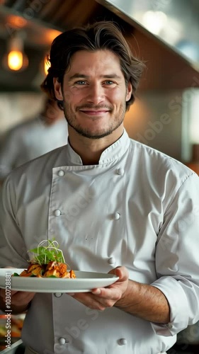 Professional Chef Presenting Gourmet Dish in Stylish Restaurant Kitchen With Warm Lighting and Modern Decor photo