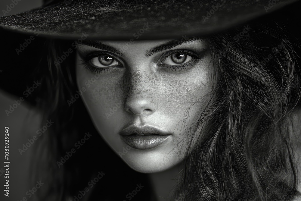 Beautiful young woman with freckles wearing a hat is posing in black and white Beautiful young woman with freckles wearing a hat is posing in black and white