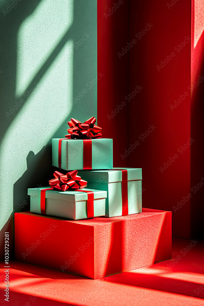 Obraz premium Elegant Christmas presents in sunlight on red and green background