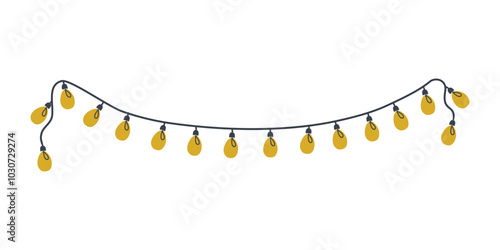 Garland with yellow light bulbs. National Christmas lights day. Cute holiday element. Flat design hand drawn vector illustration.
