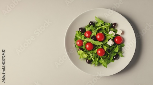 A white plate with a salad of arugula, cherry tomatoes, black olives, and feta cheese.