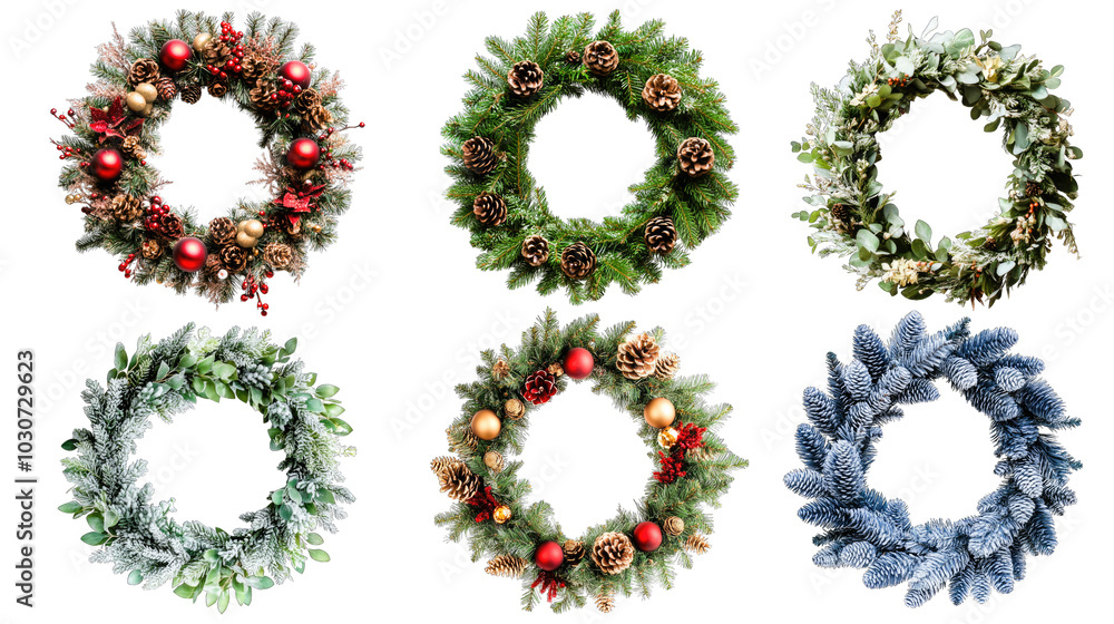 Set of Christmas wreaths isolated over a white or transparent background. Christmas decoration concept Set of Christmas wreaths isolated over a white or transparent background. Christmas decoration concept