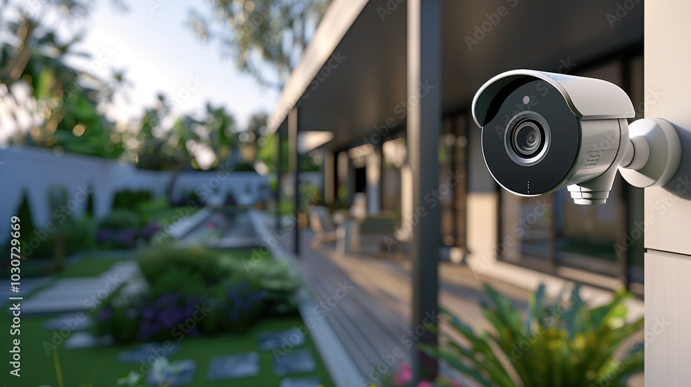 A modern outdoor security camera captures the beauty of a well-designed garden in bright daylight, showcasing a contemporary approach to home safety and monitoring. A modern outdoor security camera captures the beauty of a well-designed garden in bright daylight, showcasing a contemporary approach to home safety and monitoring.