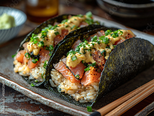 a plate of sushi taco burritos with rice, salmon, and herbs.