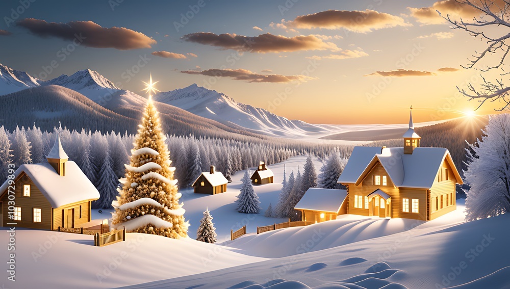 Naklejka premium vibrant golden hues adorn serene winter landscape stunning panoramic view christmas