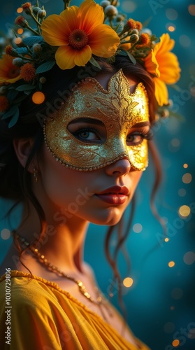 Mysterious woman wearing a golden mask and flower crown.