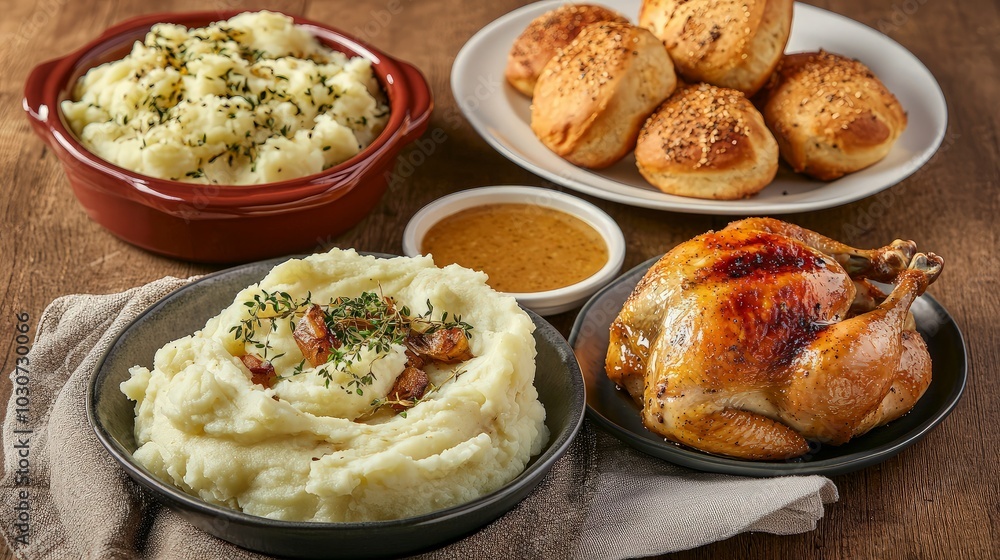 Roasted chicken with mashed potatoes, gravy, and dinner rolls. Roasted chicken with mashed potatoes, gravy, and dinner rolls.