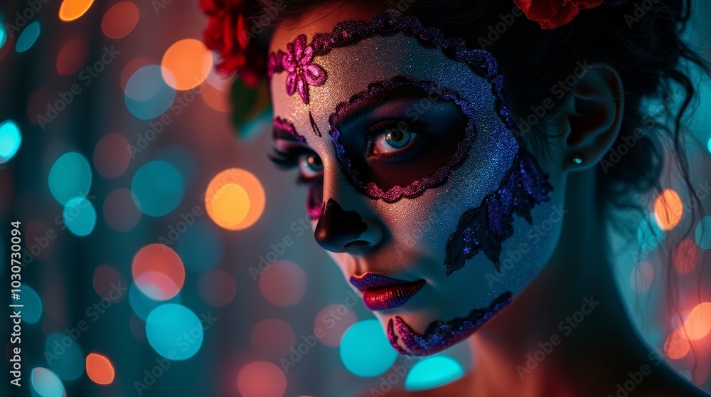 A woman wearing Day of the Dead makeup looks directly at the camera with a serious expression. A woman wearing Day of the Dead makeup looks directly at the camera with a serious expression.