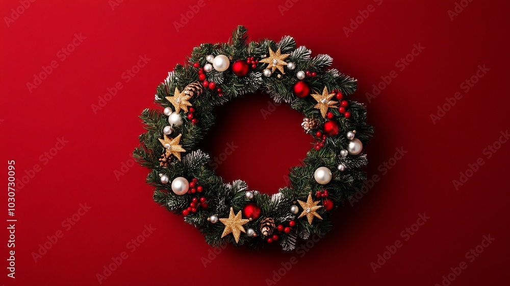 A Christmas wreath with red and gold ornaments, pine cones and berries on a red background. A Christmas wreath with red and gold ornaments, pine cones and berries on a red background.