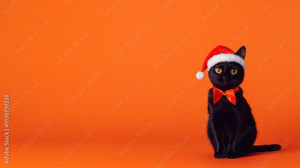Black cat sitting with Santa hat and festive bow Black cat sitting with Santa hat and festive bow