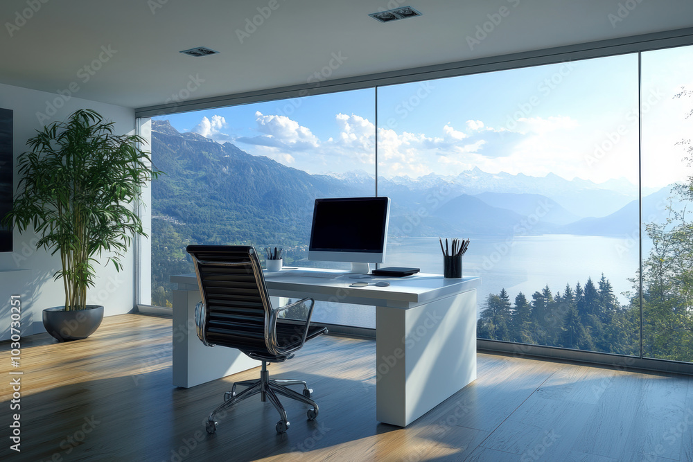Fototapeta premium modern home office, a modern home office with a sleek white desk, complemented by chic black chairs and a large window with a view