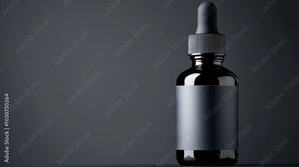 Elegant serum bottle with a blank label and glass dropper, perfect for cosmetic product presentations, photographed in soft lighting Elegant serum bottle with a blank label and glass dropper, perfect for cosmetic product presentations, photographed in soft lighting