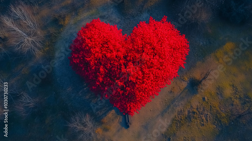 Niezwykłe drzewo o liściach w intensywnym czerwonym kolorze przypomina kształtem serce, symbolizując miłość i pasję.  photo