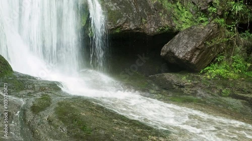 The Cascade d'Autoire waterfall in summer. A 30 meter high waterfall near Autoire in Lot Occitanie Southern France	