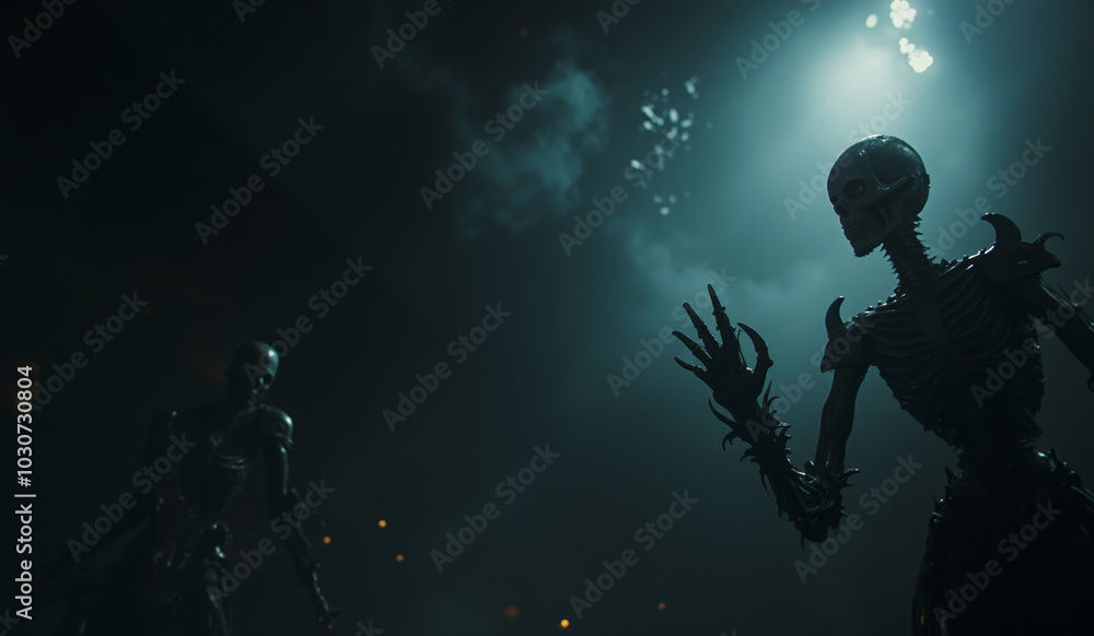 Obraz premium a man looking at a robot with fireworks in the background.