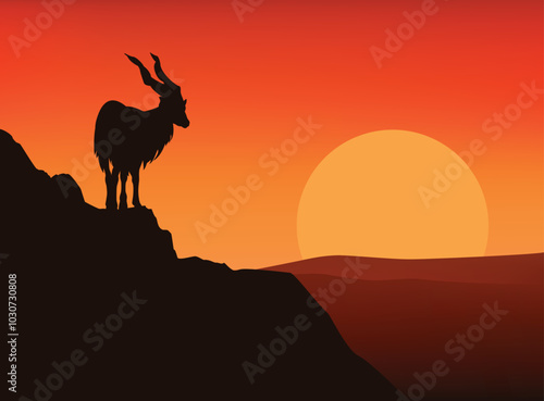 markhor mountaing goat standing on high cliff at sunset - horizontal vector silhouette view of copy space dramatic wilderness scene with wild animal