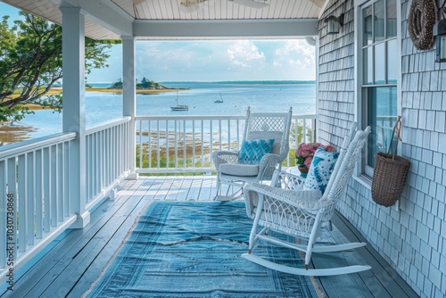 Cape Cod style house porch with white wicker rocking chair, blue rug, and water view on a sunny day.
