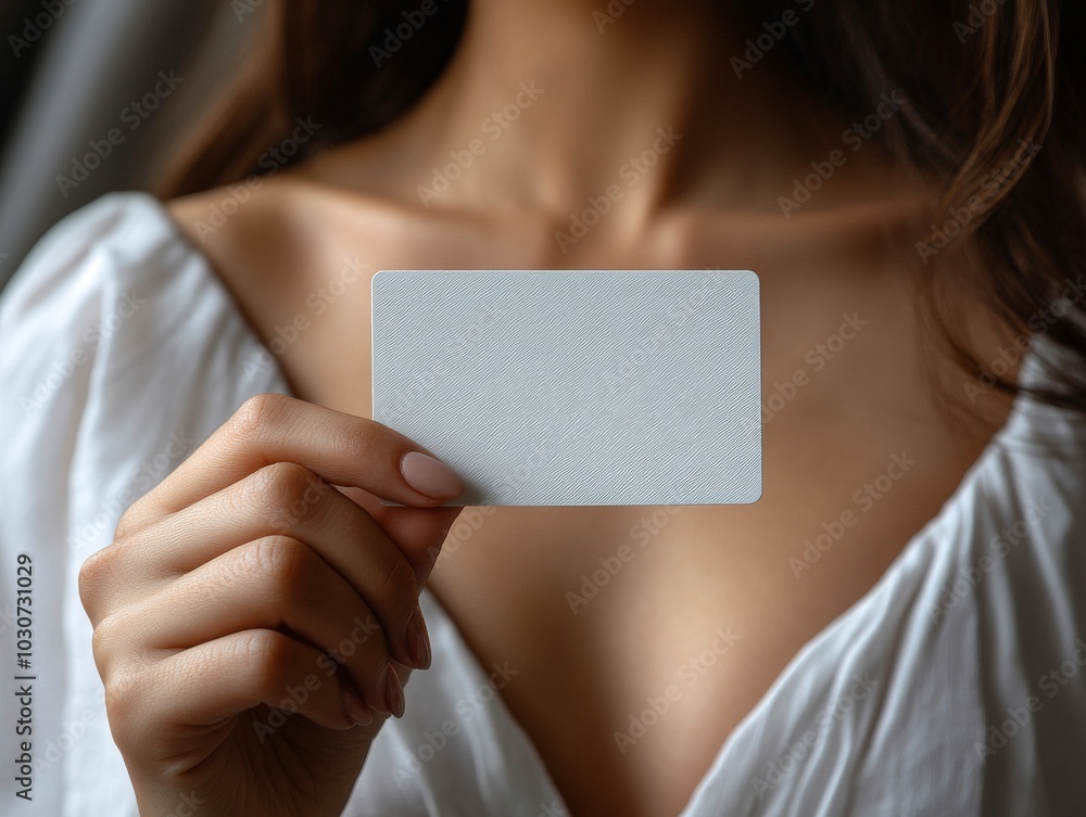 A woman hand holding out an unbranded blank white card A woman hand holding out an unbranded blank white card