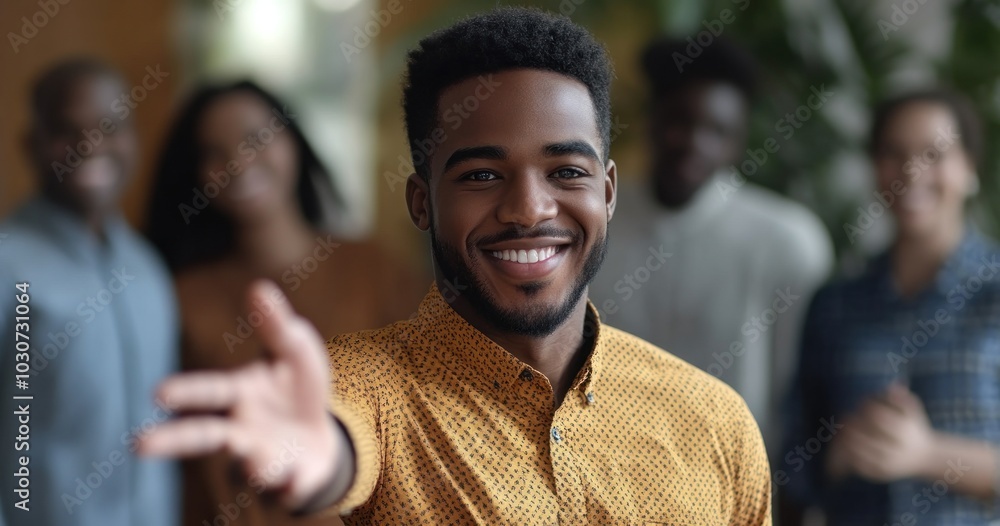 Man offering hand with a warm smile among friends Man offering hand with a warm smile among friends